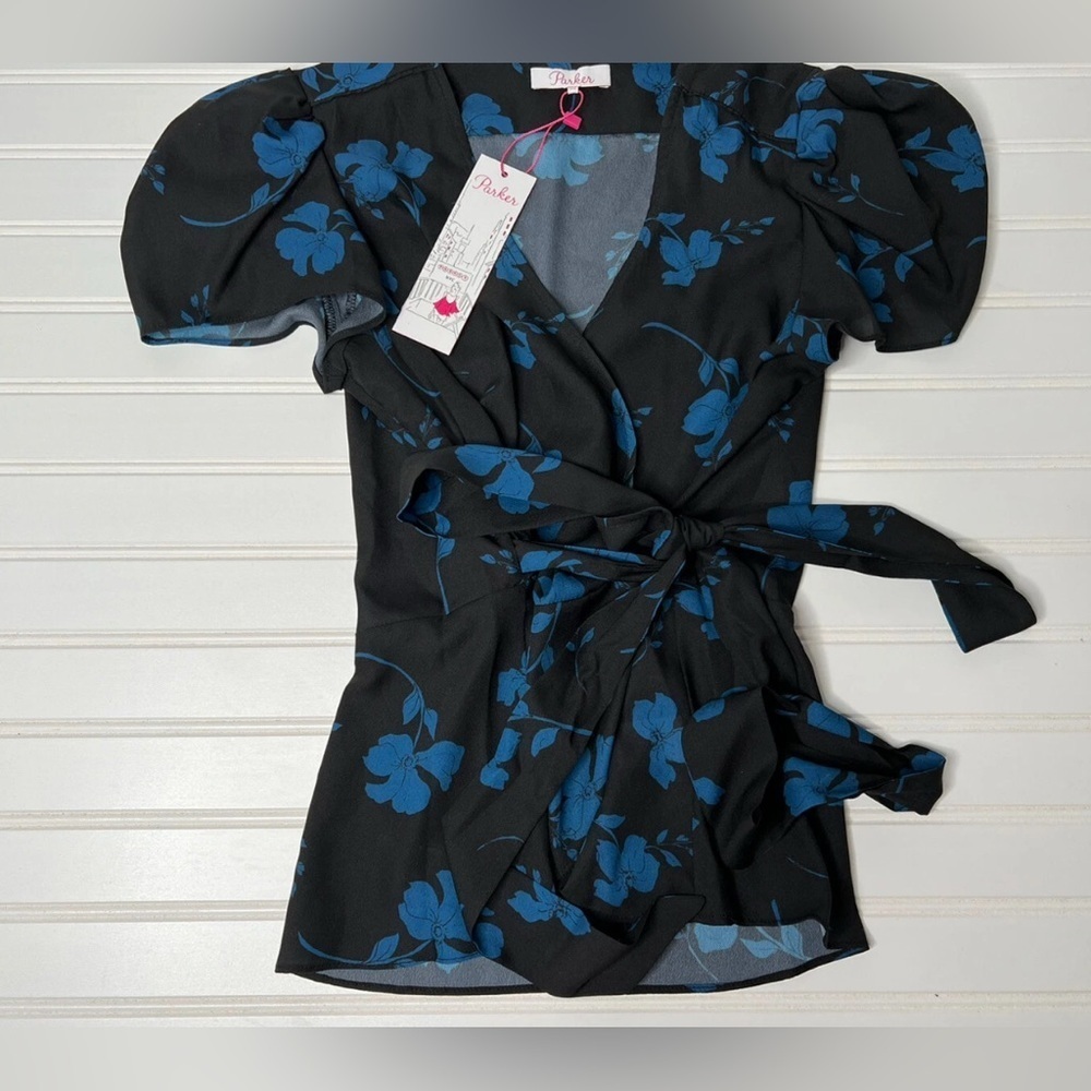 Parker Womens Fulton Stems Floral Print Wrap Top Black Blue Size XS NEW 469